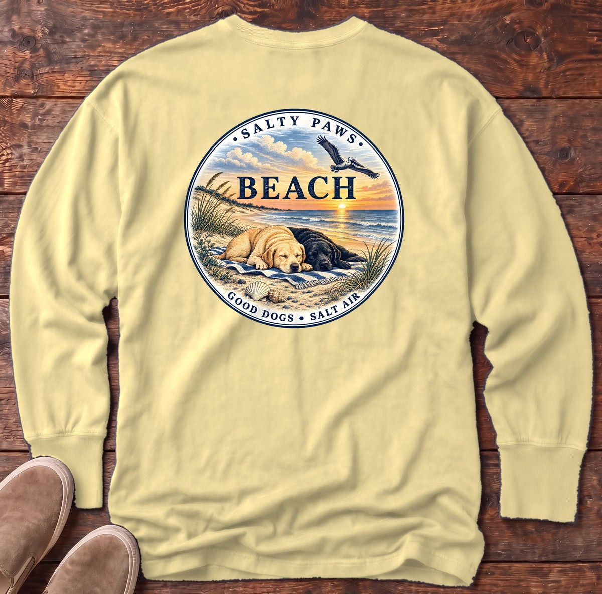 Beach Good Dogs Salt Air Sunset Two Labs Back Design Long Sleeve Tee in Butter, Salty Paws Comfort Colors Long Sleeve Tee, back design flat lay