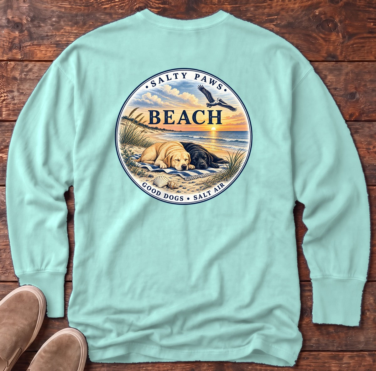 Beach Good Dogs Salt Air Sunset Two Labs Back Design Long Sleeve Tee in Chalky Mint, Salty Paws Comfort Colors Long Sleeve Tee, back design flat lay