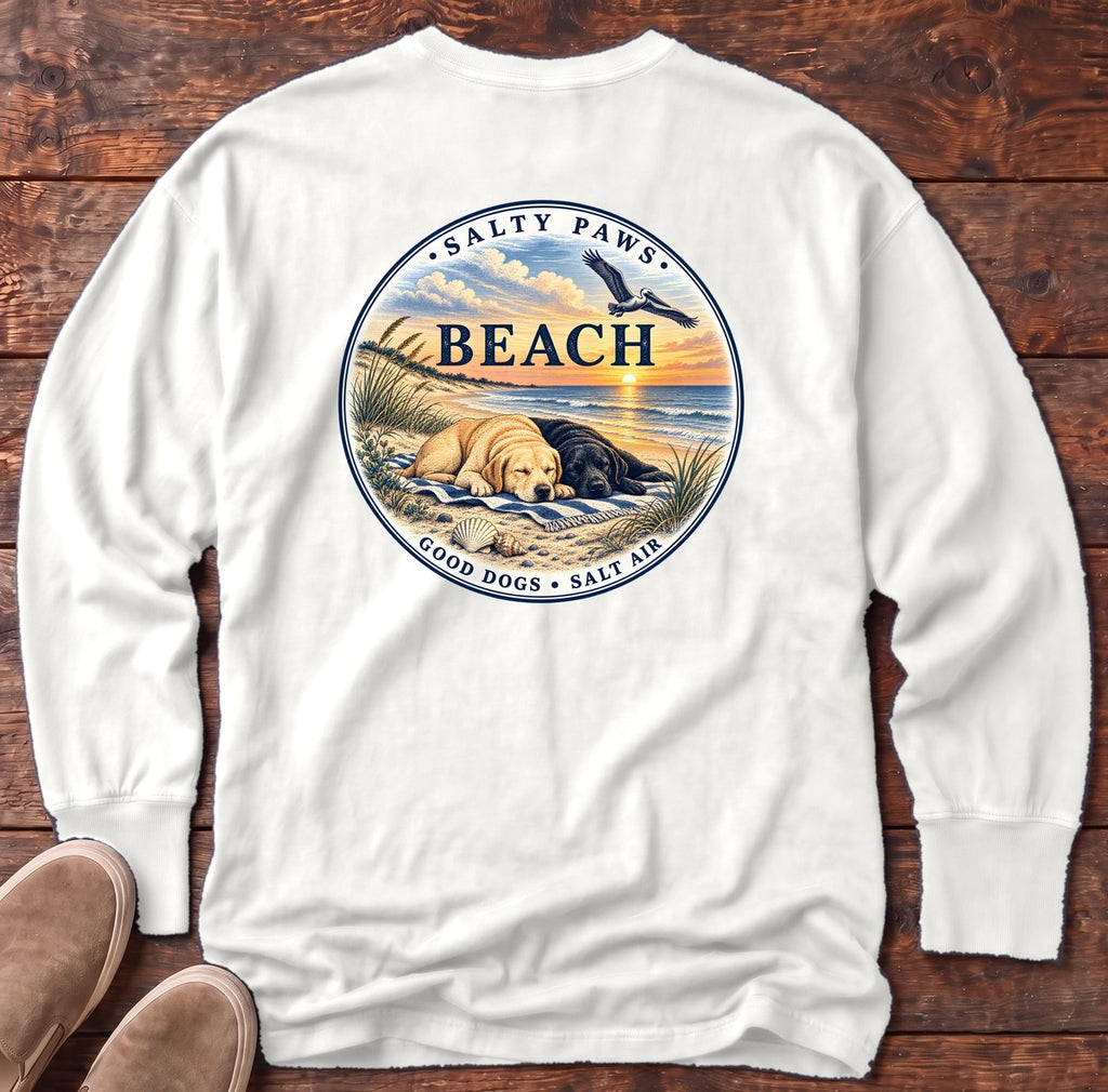 Beach Good Dogs Salt Air Sunset Two Labs Back Design Long Sleeve Tee in White, Salty Paws Comfort Colors Long Sleeve Tee, back design flat lay
