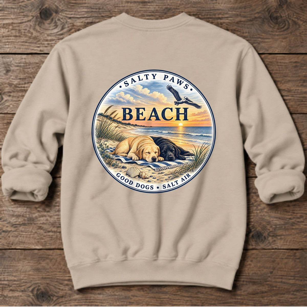 Beach Good Dogs Salt Air Sunset Two Labs Back Design Midweight Sweatshirt in Sand, Salty Paws Midweight Sweatshirt, back design flat lay