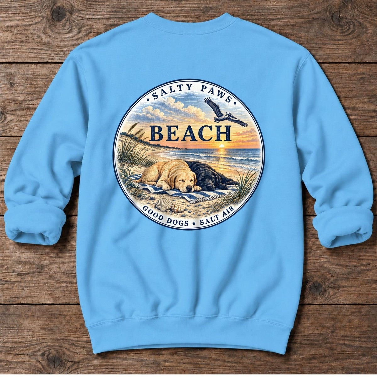 Beach Good Dogs Salt Air Sunset Two Labs Back Design Midweight Sweatshirt in Sky, Salty Paws Midweight Sweatshirt, back design flat lay