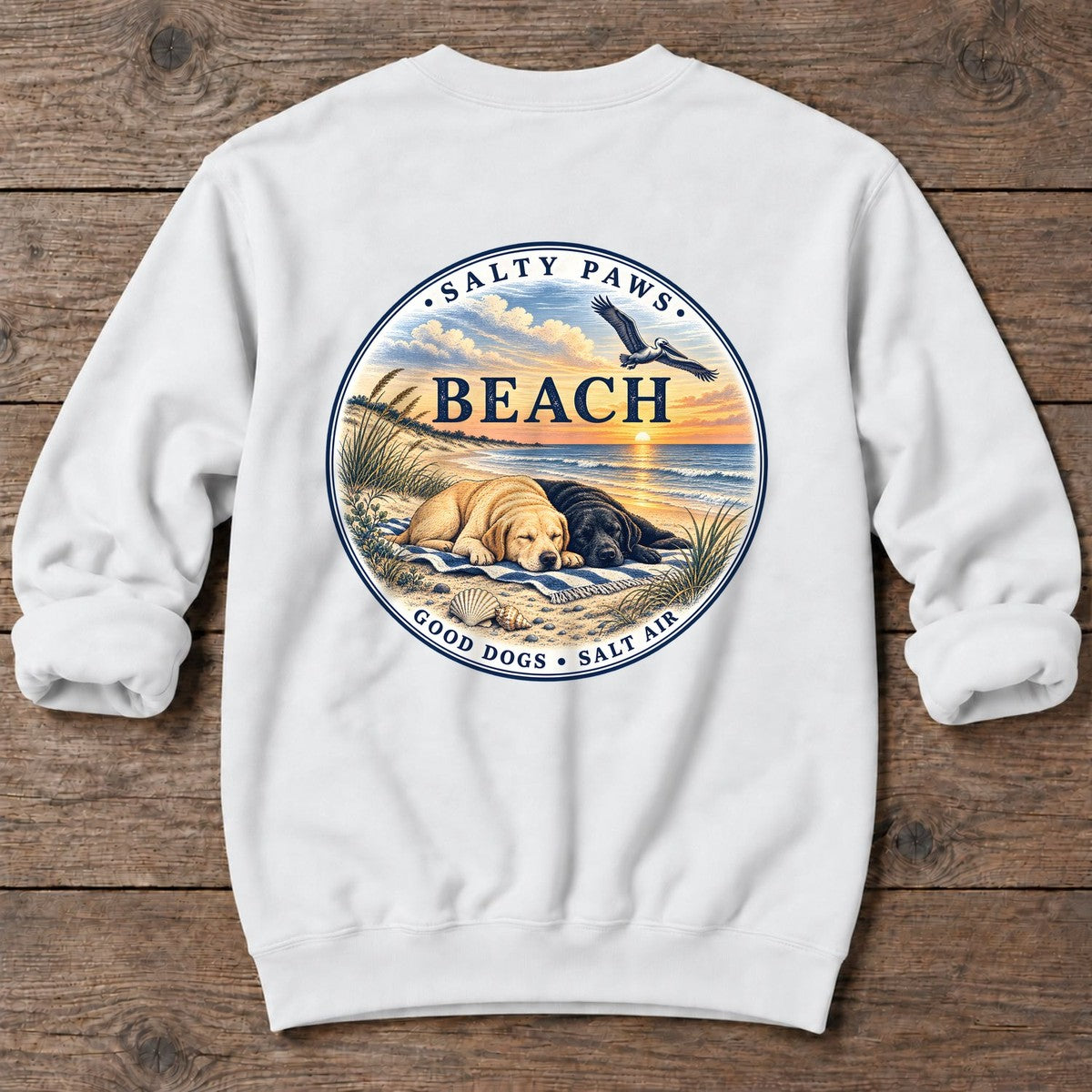Beach Good Dogs Salt Air Sunset Two Labs Back Design Midweight Sweatshirt in White, Salty Paws Midweight Sweatshirt, back design flat lay
