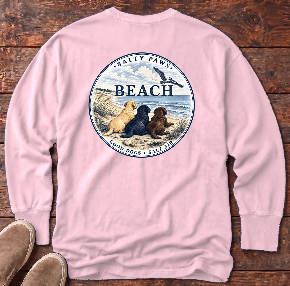Beach Good Dogs Salt Air Three Labs Back Design Long Sleeve Tee in Blossom, Salty Paws Comfort Colors Long Sleeve Tee, back design flat lay