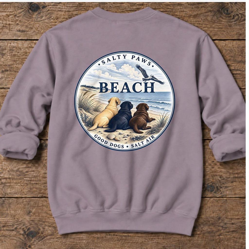 Beach Good Dogs Salt Air Three Labs Back Design Midweight Sweatshirt in Paragon, Salty Paws Midweight Sweatshirt, back design flat lay