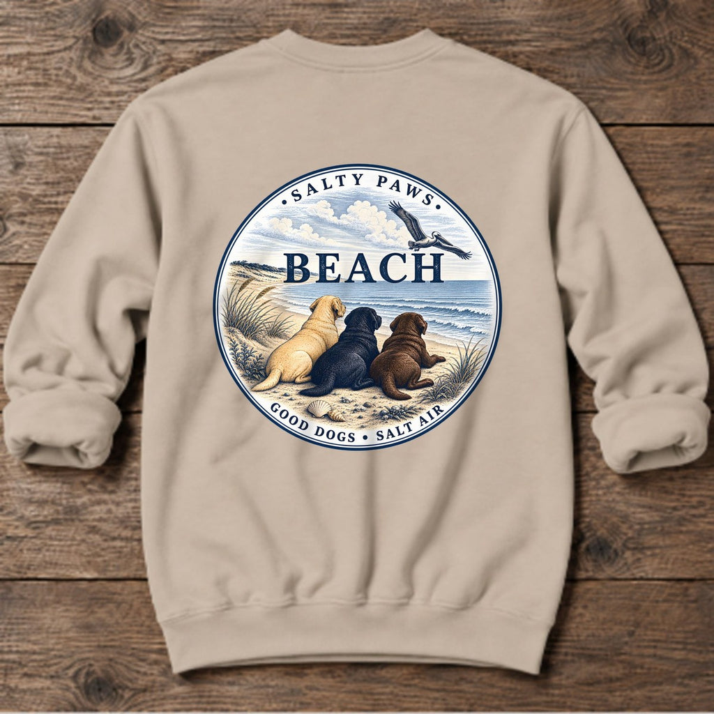 Beach Good Dogs Salt Air Three Labs Back Design Midweight Sweatshirt in Sand, Salty Paws Midweight Sweatshirt, back design flat lay