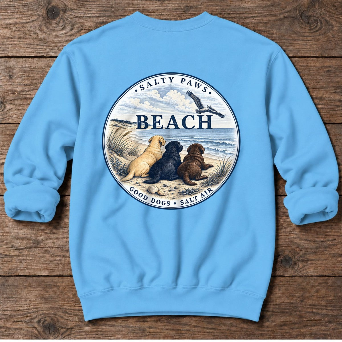 Beach Good Dogs Salt Air Three Labs Back Design Midweight Sweatshirt in Sky, Salty Paws Midweight Sweatshirt, back design flat lay