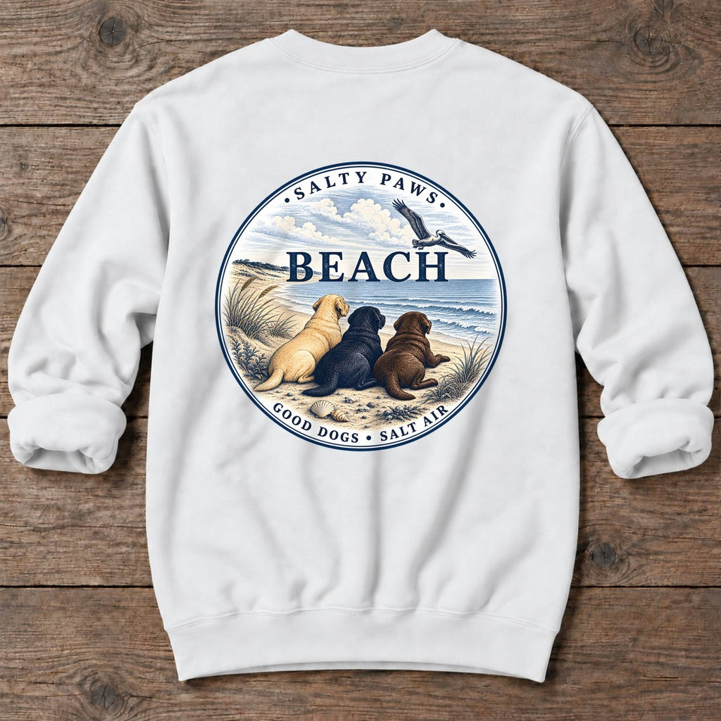 Beach Good Dogs Salt Air Three Labs Back Design Midweight Sweatshirt in White, Salty Paws Midweight Sweatshirt, back design flat lay