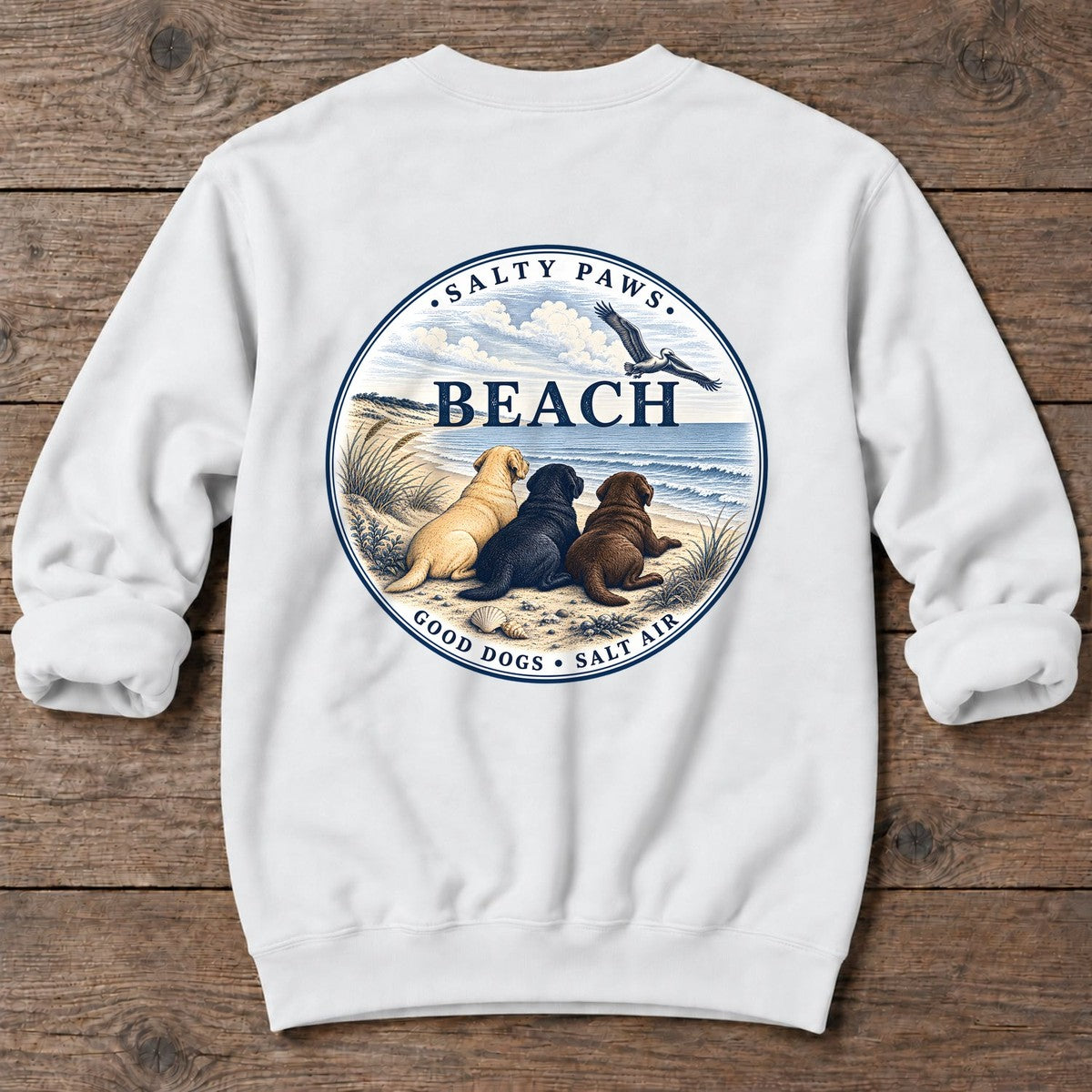 Beach Good Dogs Salt Air Three Labs Back Design Midweight Sweatshirt in White, Salty Paws Midweight Sweatshirt, back design flat lay