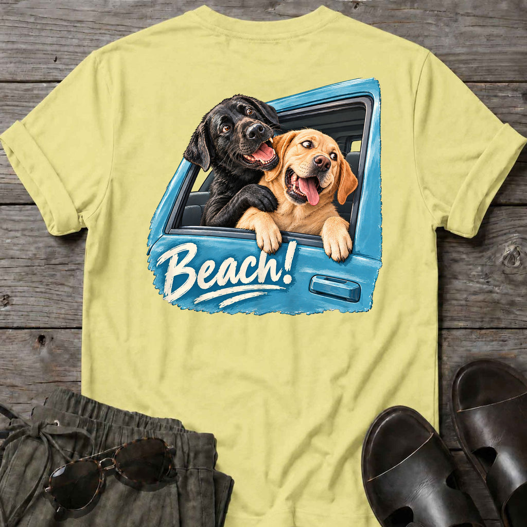 Beach!! Labs Back Design T-Shirt in Cornsilk, Salty Paws coastal t-shirt