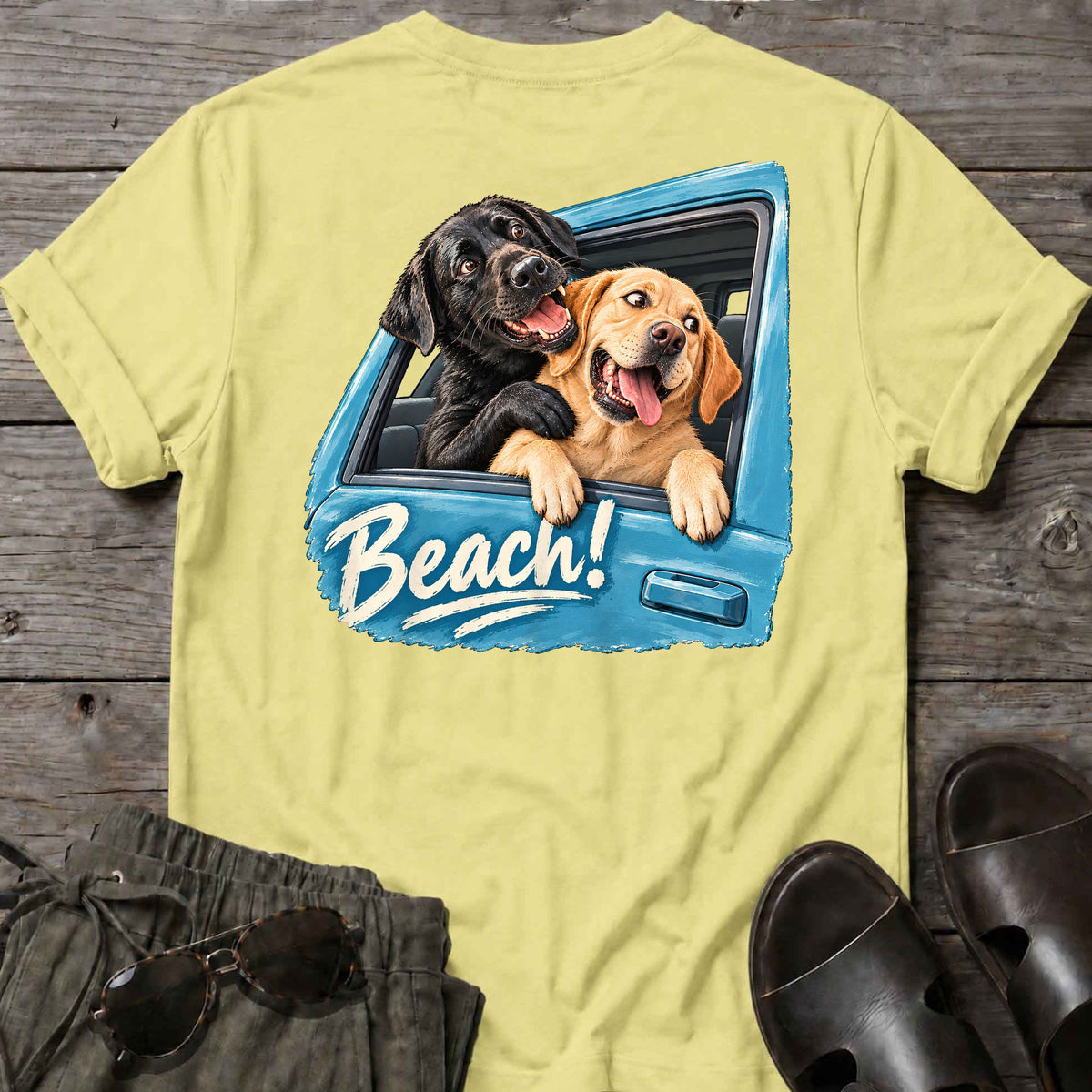 Beach!! Labs Back Design T-Shirt in Cornsilk, Salty Paws coastal t-shirt