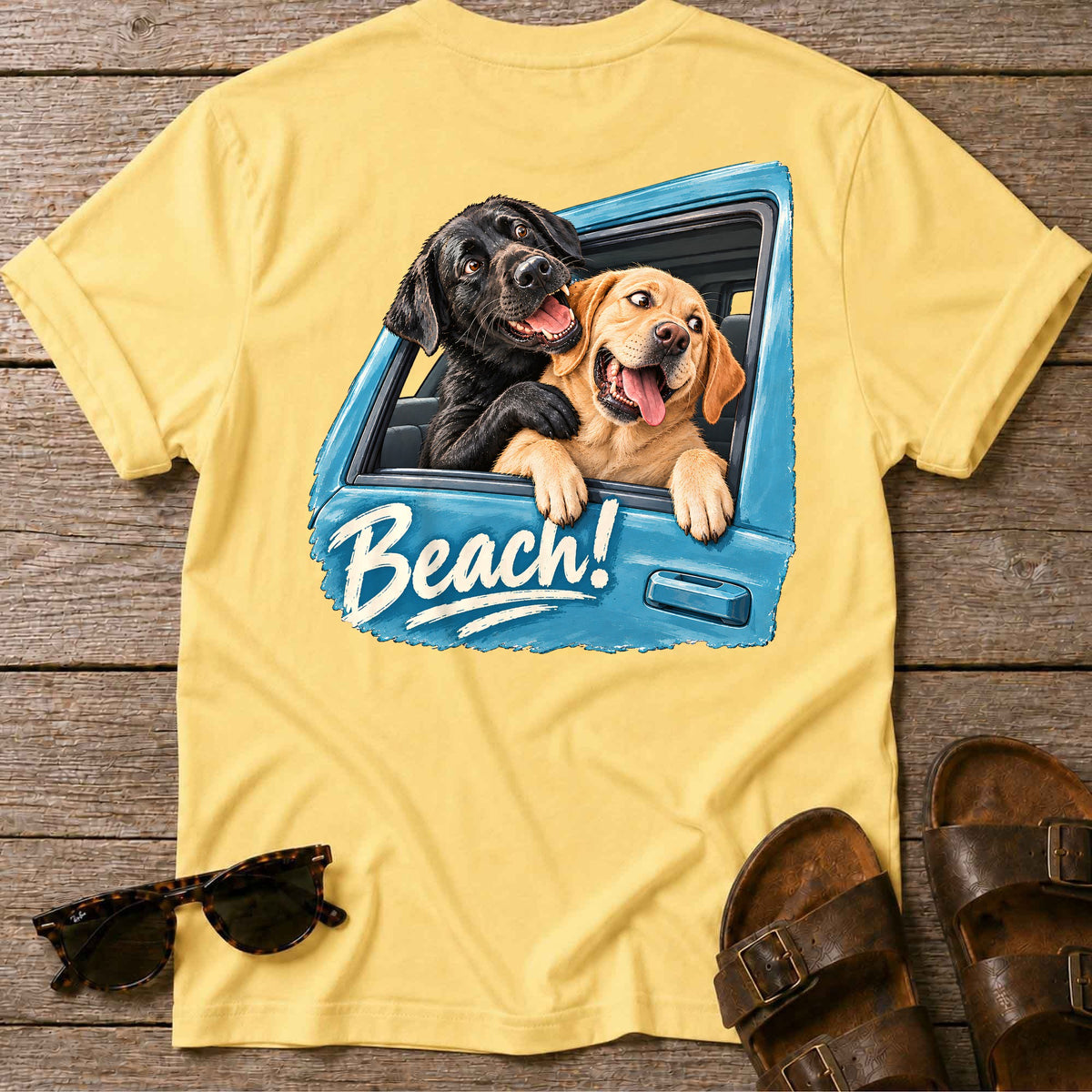 Beach!! Labs Back Design T-Shirt in Daisy, Salty Paws coastal t-shirt