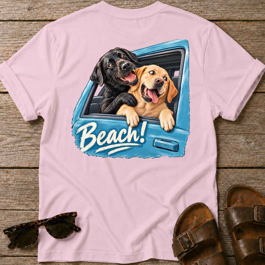 Beach!! Labs Back Design T-Shirt in Light Pink, Salty Paws coastal t-shirt