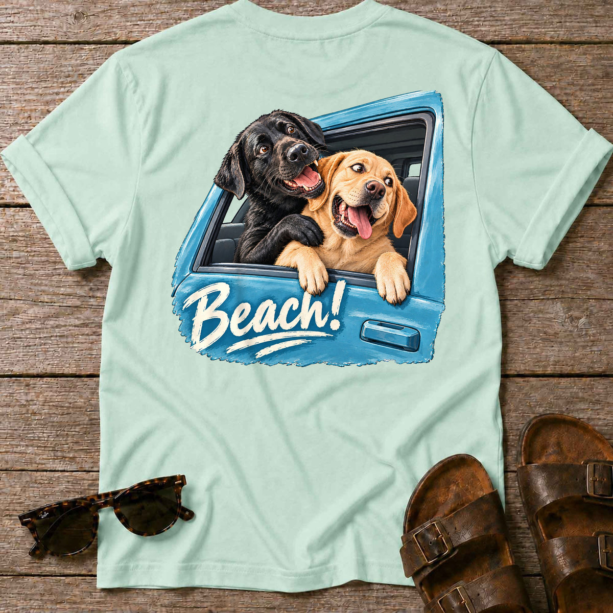Beach!! Labs Back Design T-Shirt in Mint Green, Salty Paws coastal t-shirt