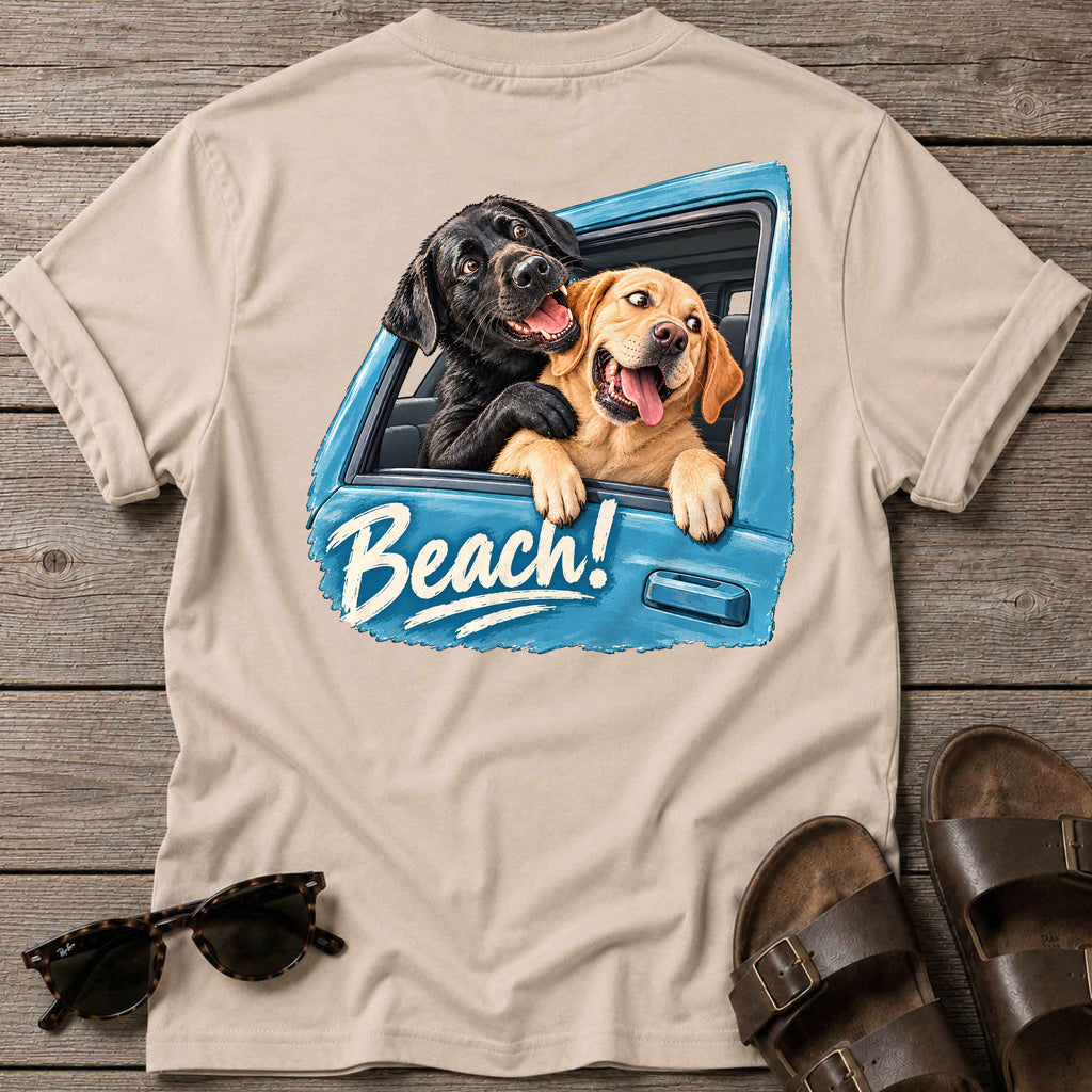 Beach!! Labs Back Design T-Shirt in Sand, Salty Paws coastal t-shirt