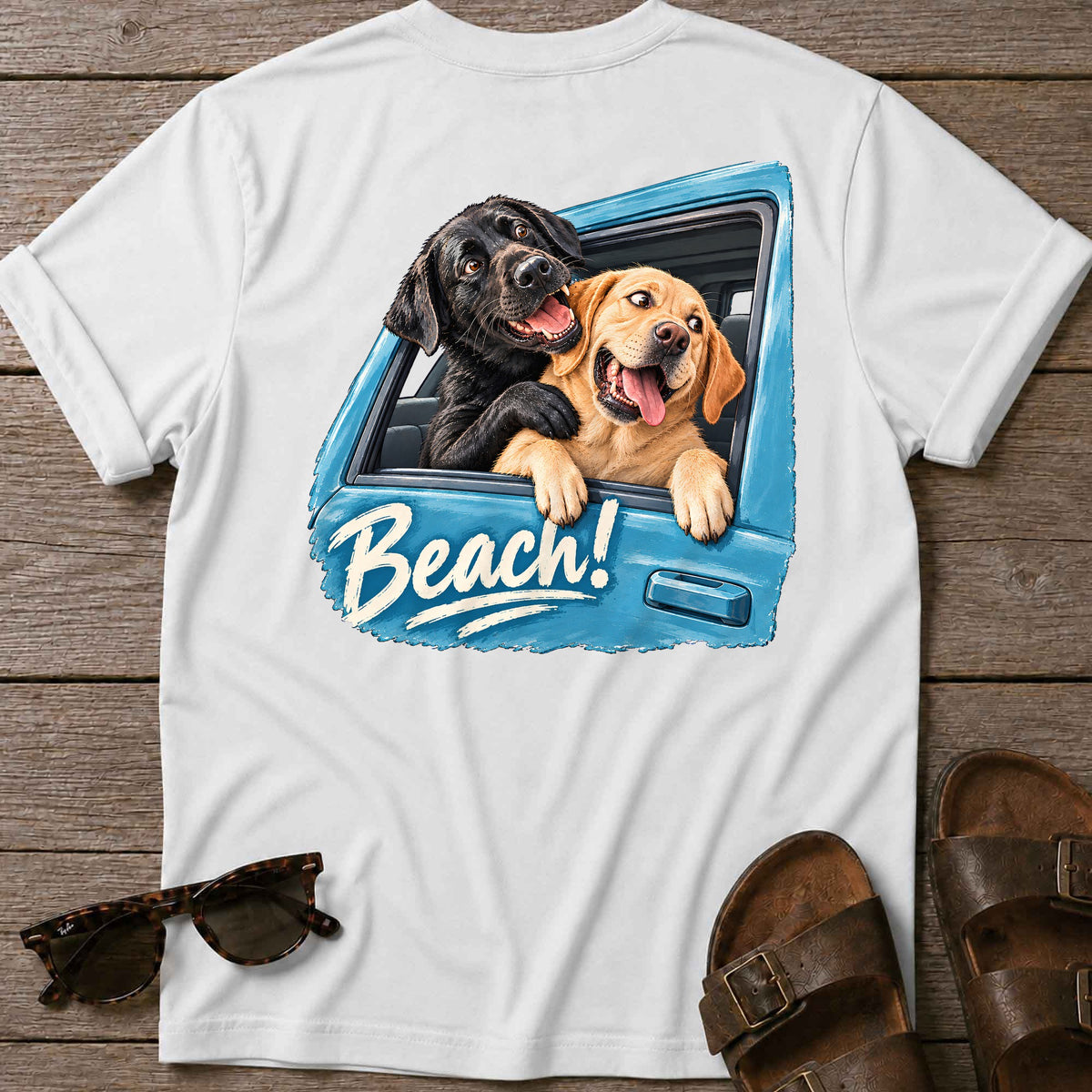 Beach!! Labs Back Design T-Shirt in White, Salty Paws coastal t-shirt