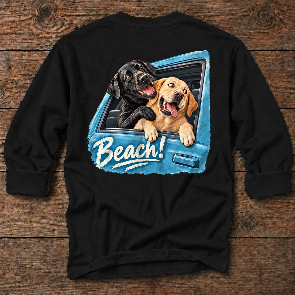 Beach!! Labs Back Design Long Sleeve Tee in Black, Salty Paws coastal tee