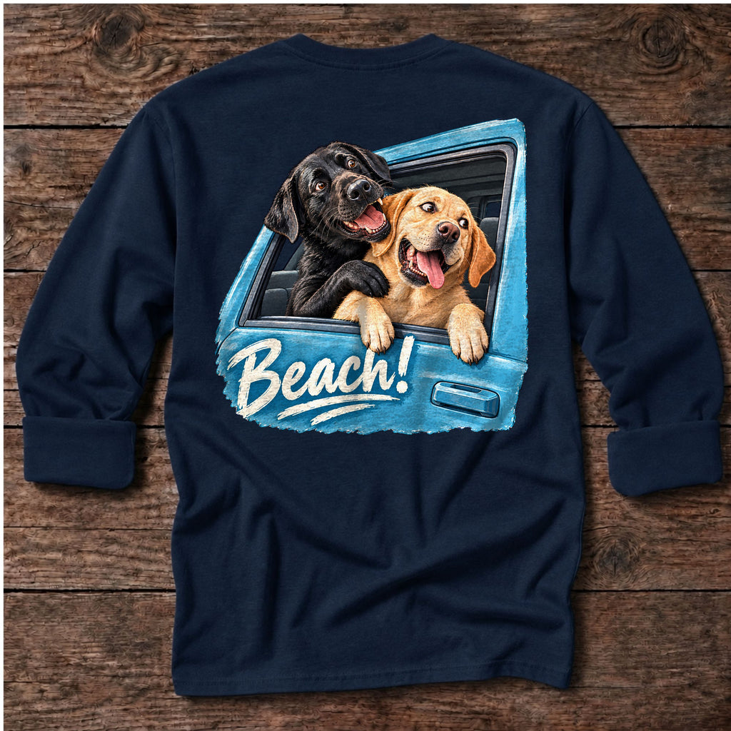 Beach!! Labs Back Design Long Sleeve Tee in Dark Navy, Salty Paws coastal tee