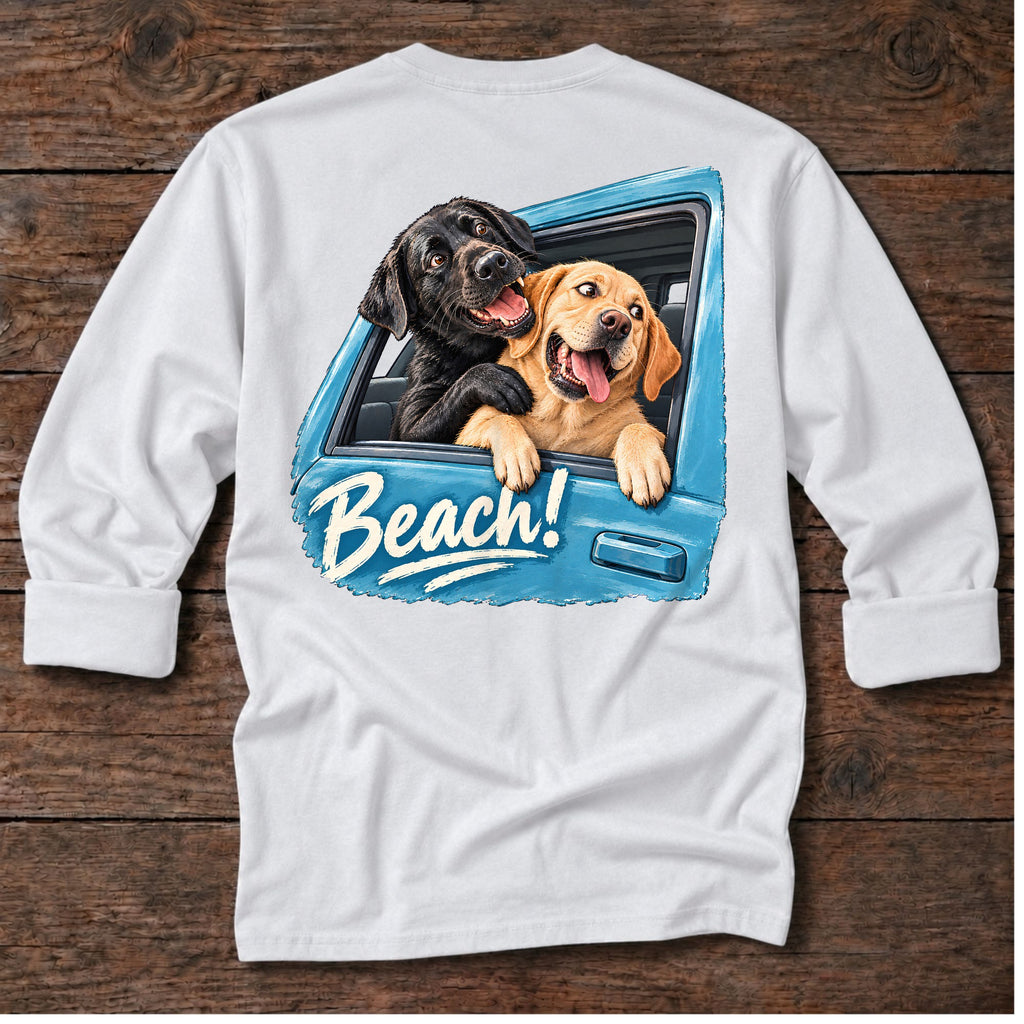 Beach!! Labs Back Design Long Sleeve Tee in White, Salty Paws coastal tee