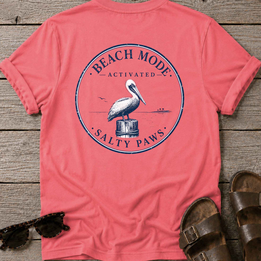 Beach Mode Activated Pelican BACK DESIGN in Coral Silk, Salty Paws coastal t-shirt