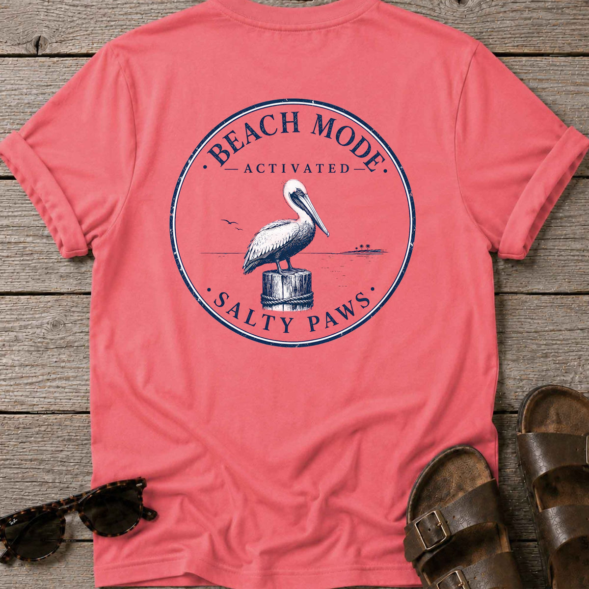 Beach Mode Activated Pelican BACK DESIGN in Coral Silk, Salty Paws coastal t-shirt