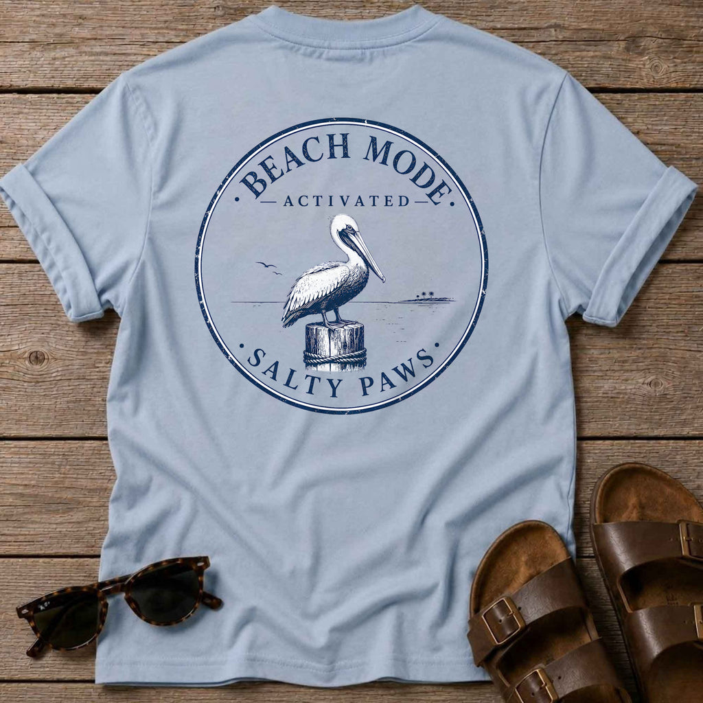 Beach Mode Activated Pelican BACK DESIGN in Light Blue, Salty Paws coastal t-shirt