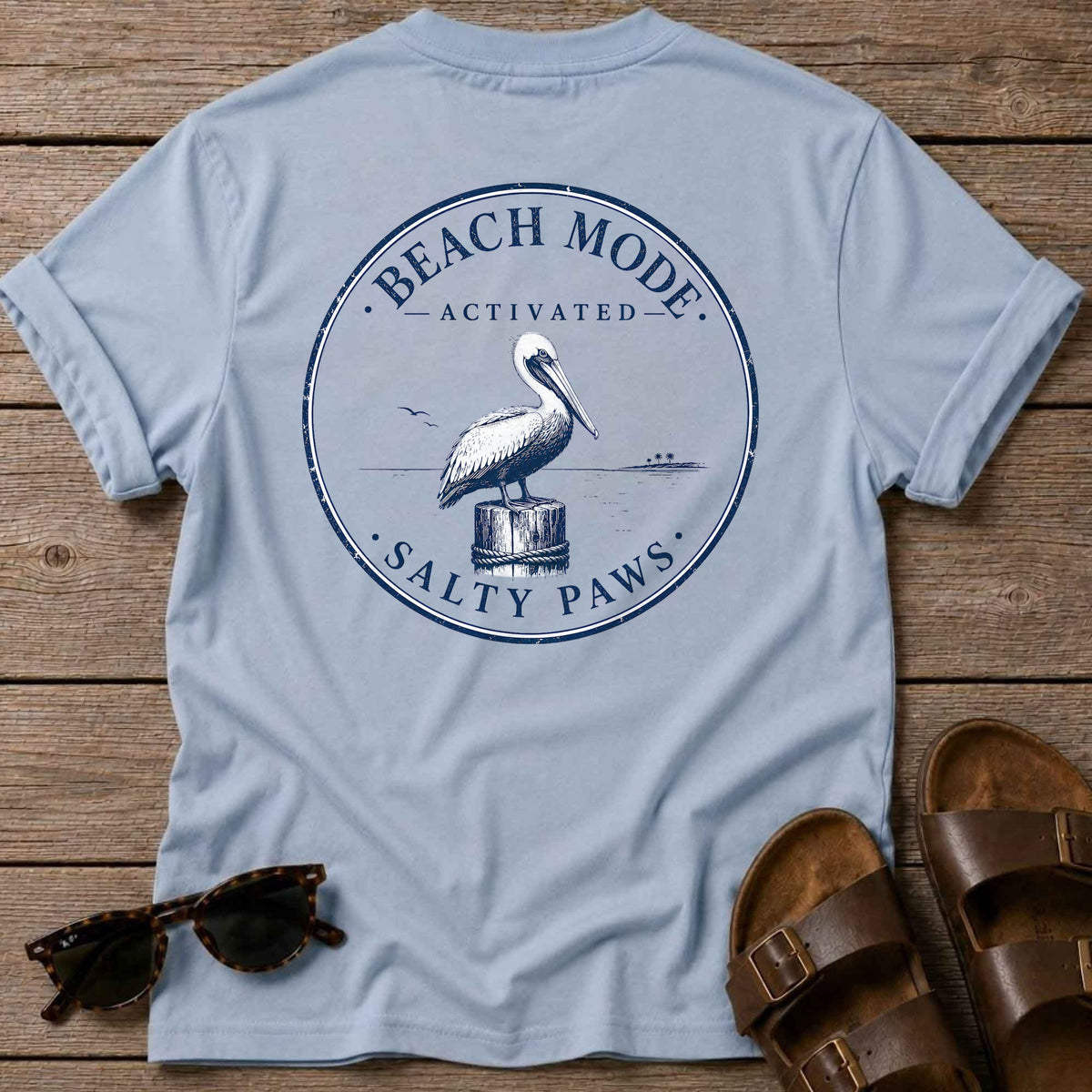 Beach Mode Activated Pelican BACK DESIGN in Light Blue, Salty Paws coastal t-shirt