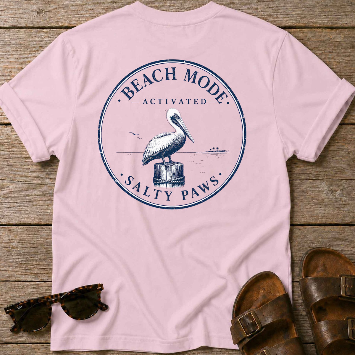 Beach Mode Activated Pelican BACK DESIGN in Light Pink, Salty Paws coastal t-shirt