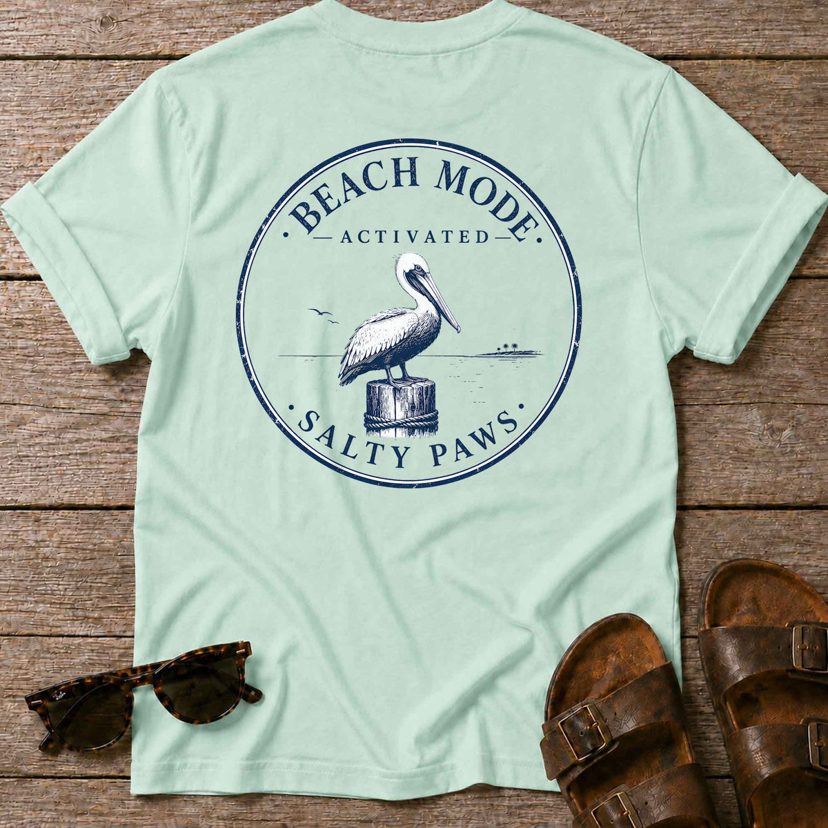 Beach Mode Activated Pelican BACK DESIGN in Mint Green, Salty Paws coastal t-shirt