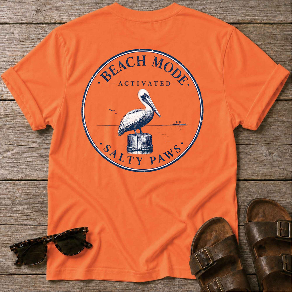 Beach Mode Activated Pelican BACK DESIGN in Orange, Salty Paws coastal t-shirt