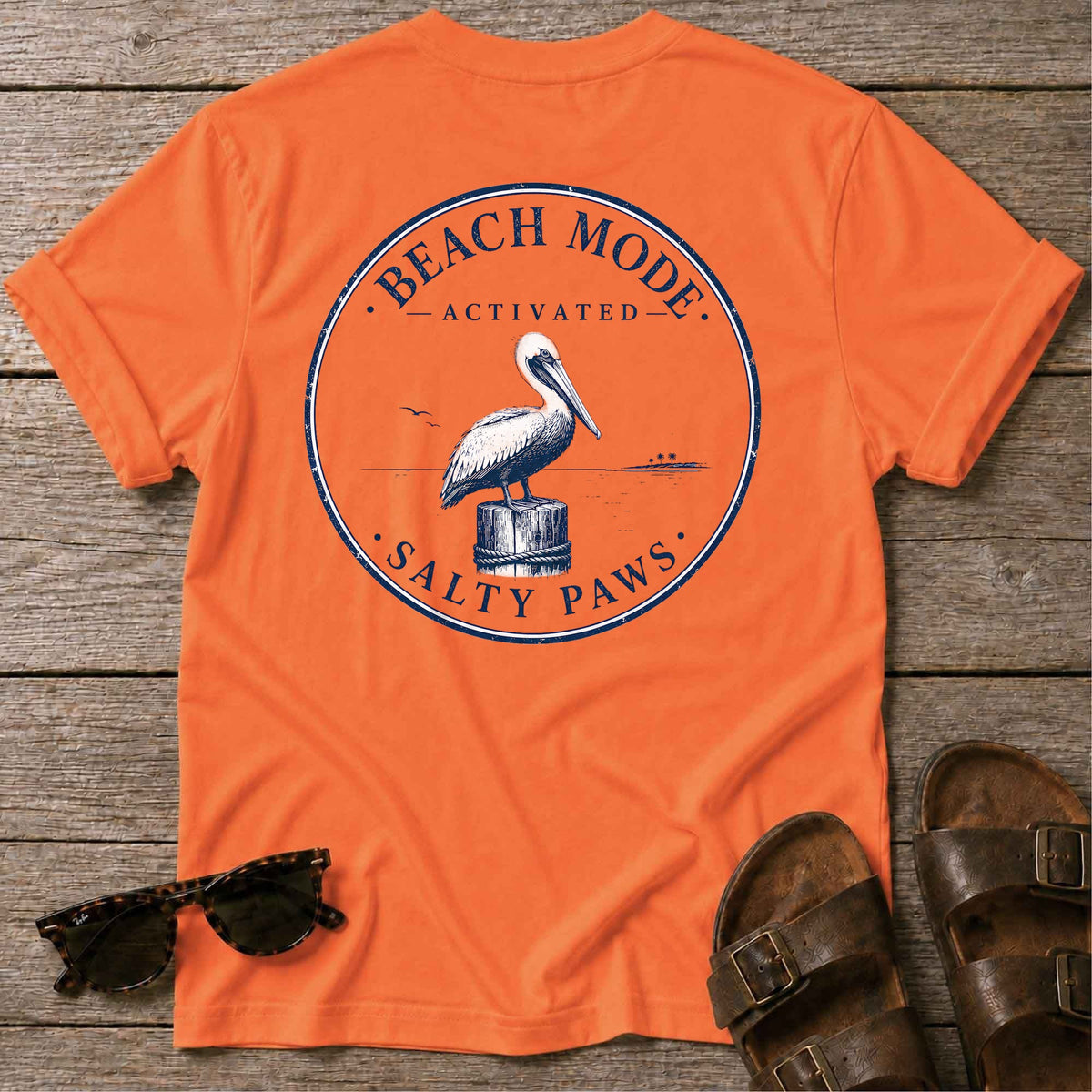 Beach Mode Activated Pelican BACK DESIGN in Orange, Salty Paws coastal t-shirt