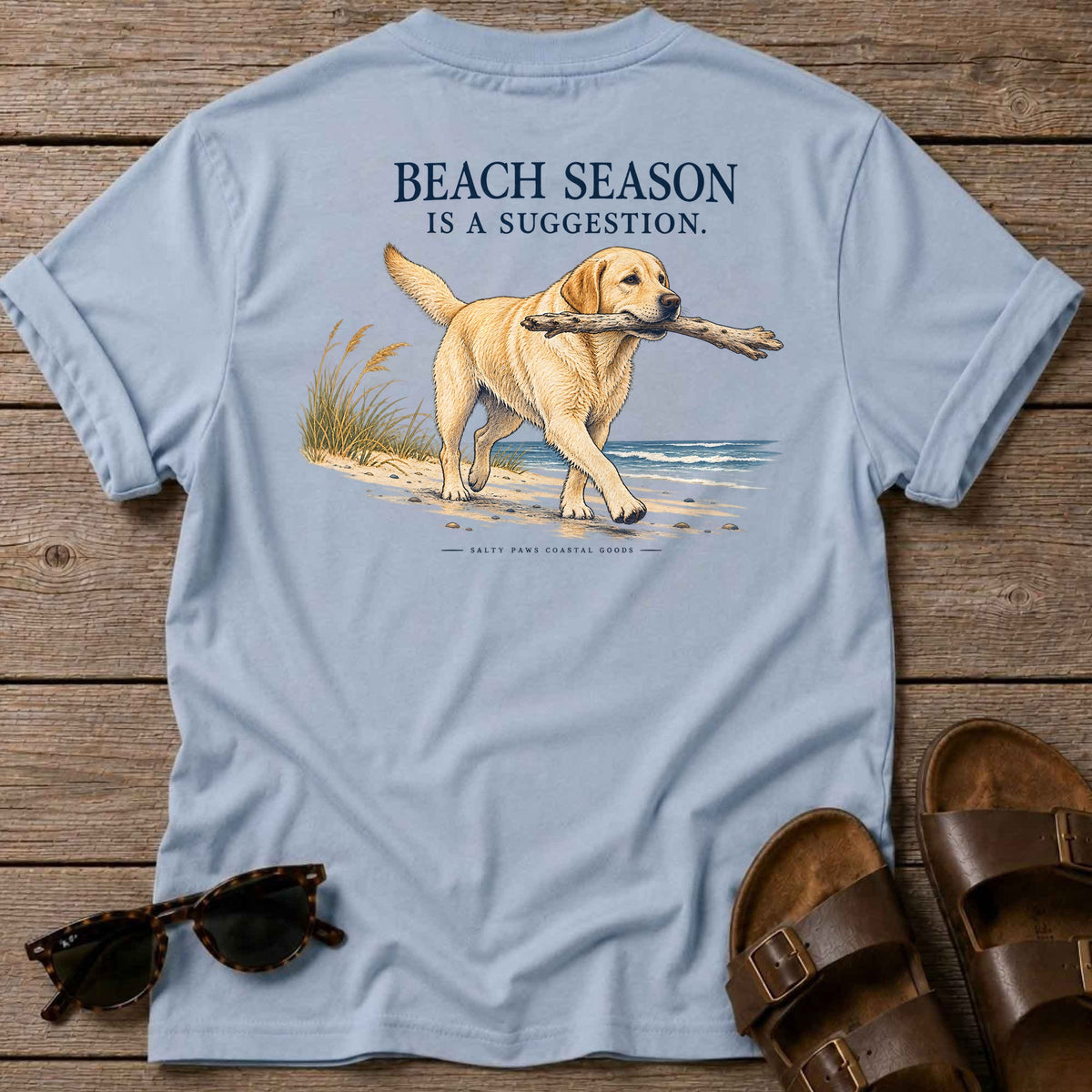 Beach Season Is a Suggestion Back Design T-Shirt in Light Blue