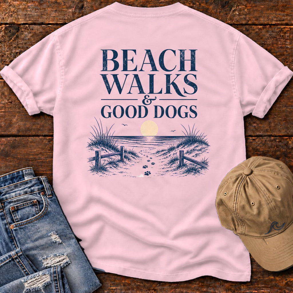 Beach Walks and Good Dogs Back Design Comfort Colors T-Shirt in Blossom, back design flat lay