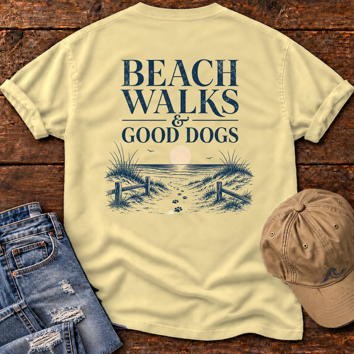 Beach Walks and Good Dogs Back Design Comfort Colors T-Shirt in Butter, back design flat lay
