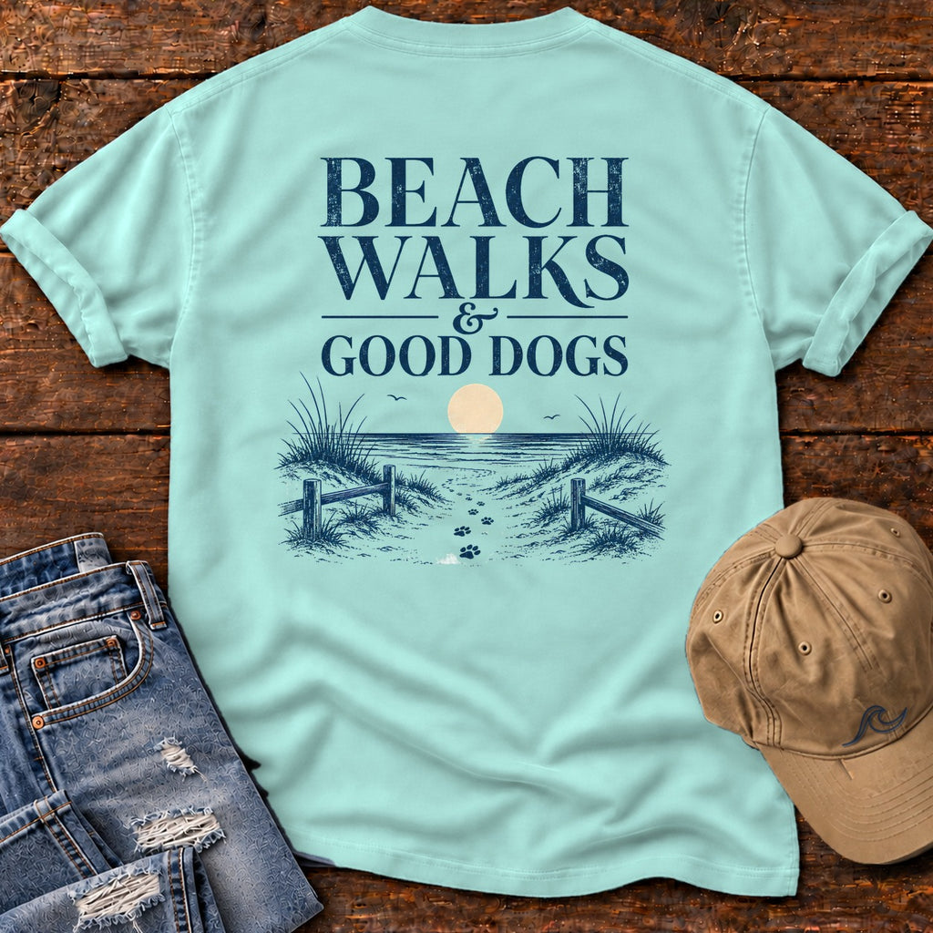 Beach Walks and Good Dogs Back Design Comfort Colors T-Shirt in Chalky Mint, back design flat lay