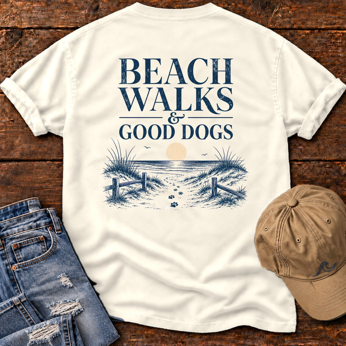 Beach Walks and Good Dogs Back Design Comfort Colors T-Shirt in Ivory, back design flat lay