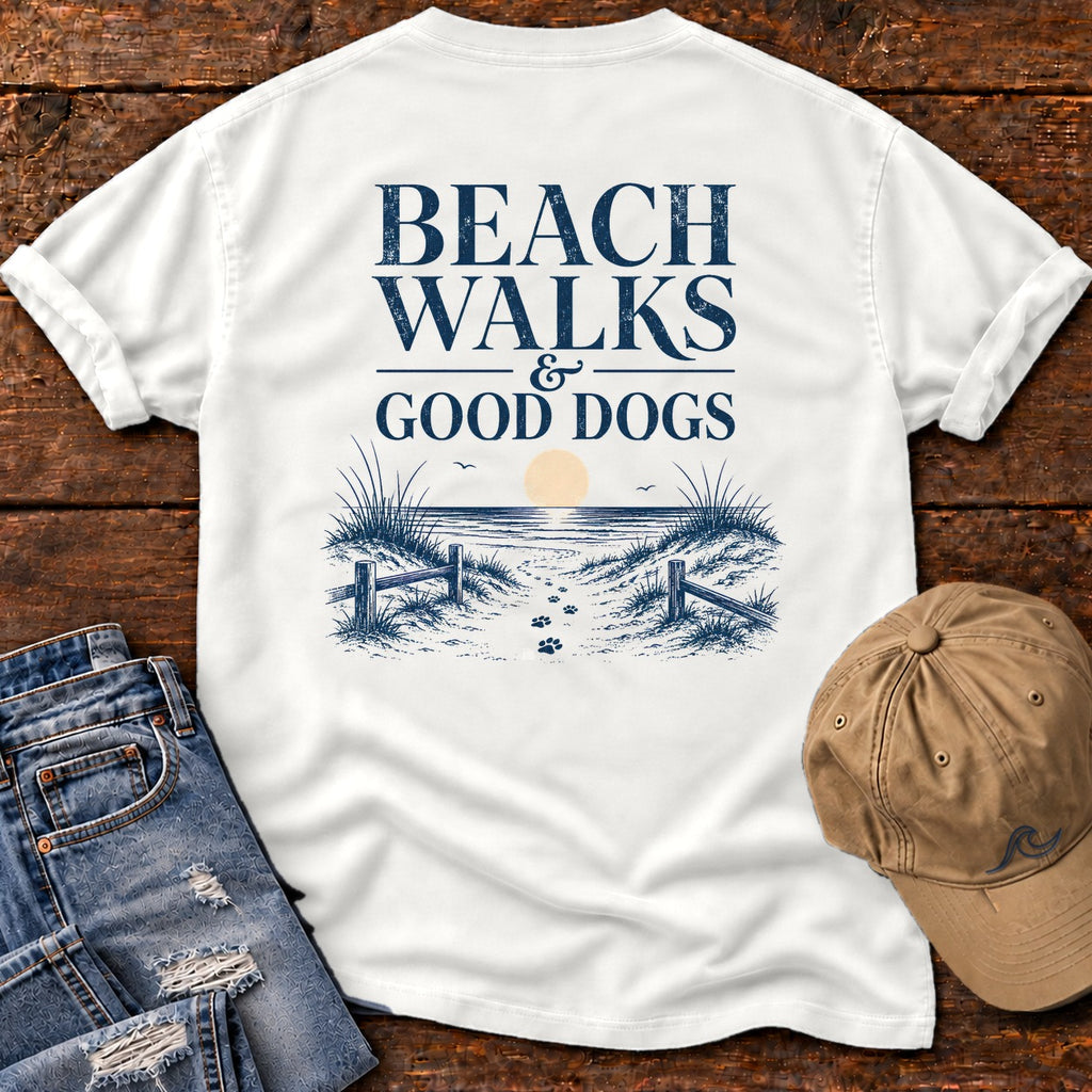 Beach Walks and Good Dogs Back Design Comfort Colors T-Shirt in White, back design flat lay