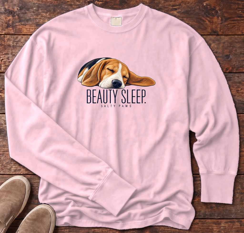 Beagle Beauty Sleep Long Sleeve Tee Comfort Colors in Blossom, Salty Paws Comfort Colors Long Sleeve Tee, front design flat lay