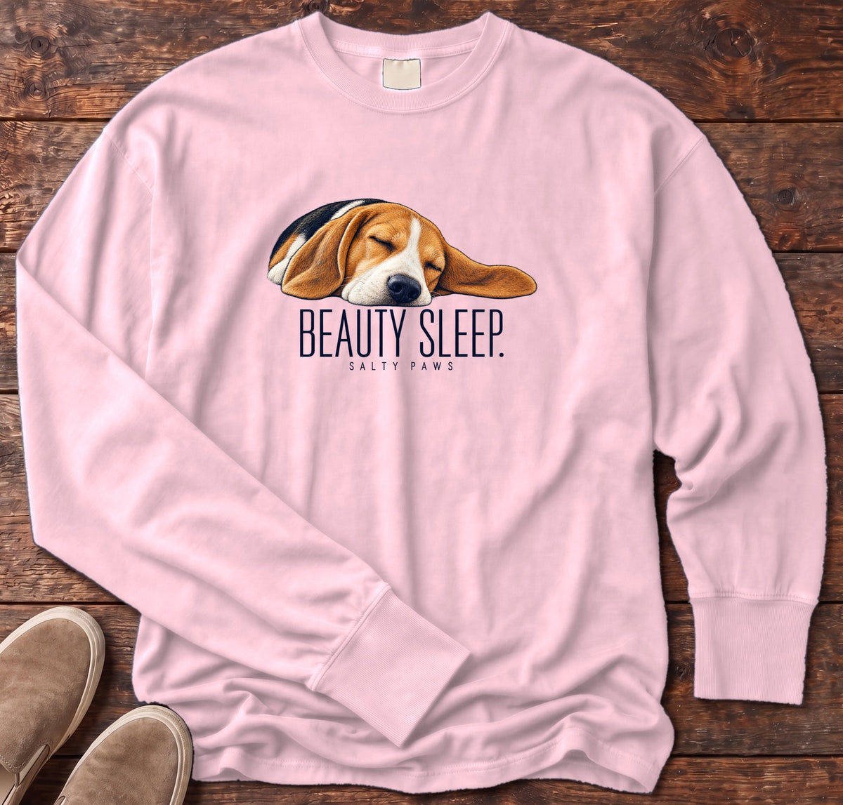 Beagle Beauty Sleep Long Sleeve Tee Comfort Colors in Blossom, Salty Paws Comfort Colors Long Sleeve Tee, front design flat lay