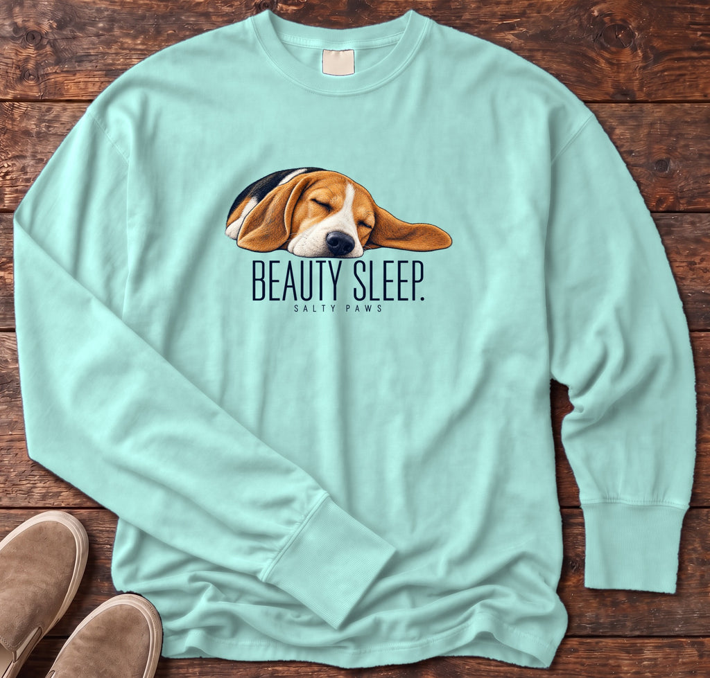 Beagle Beauty Sleep Long Sleeve Tee Comfort Colors in Chalky Mint, Salty Paws Comfort Colors Long Sleeve Tee, front design flat lay