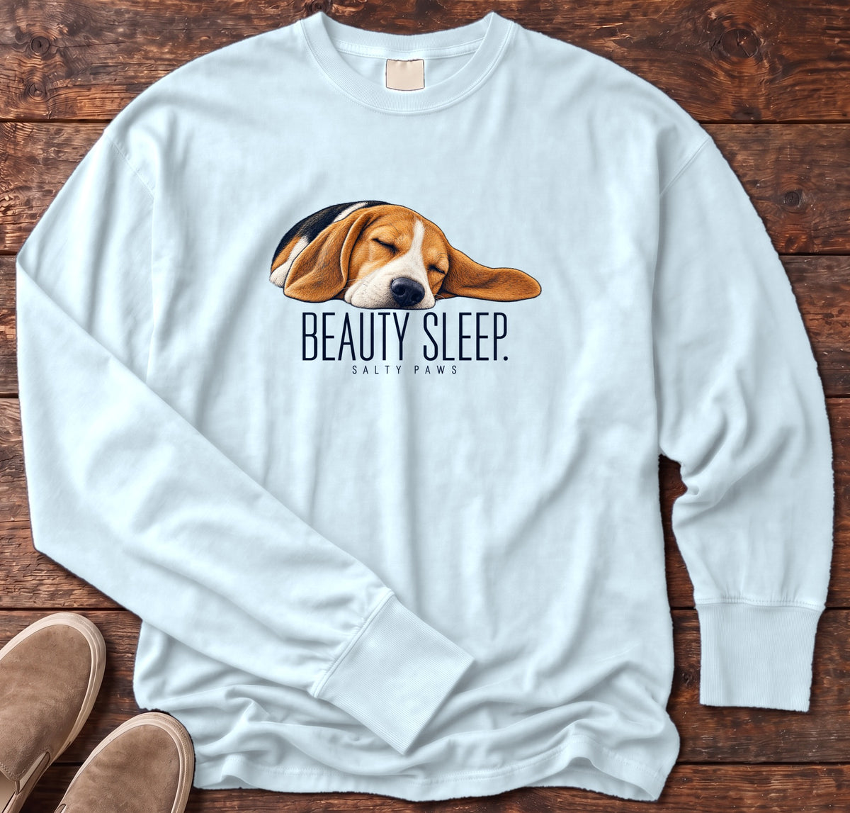 Beagle Beauty Sleep Long Sleeve Tee Comfort Colors in Chambray, Salty Paws Comfort Colors Long Sleeve Tee, front design flat lay