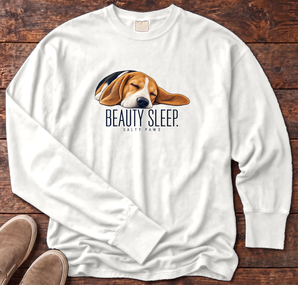 Beagle Beauty Sleep Long Sleeve Tee Comfort Colors in White, Salty Paws Comfort Colors Long Sleeve Tee, front design flat lay