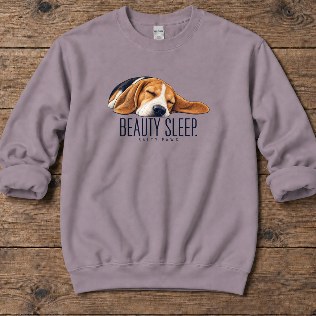 Beagle Beauty Sleep Midweight Sweatshirt in Paragon, Salty Paws Midweight Sweatshirt, front design flat lay