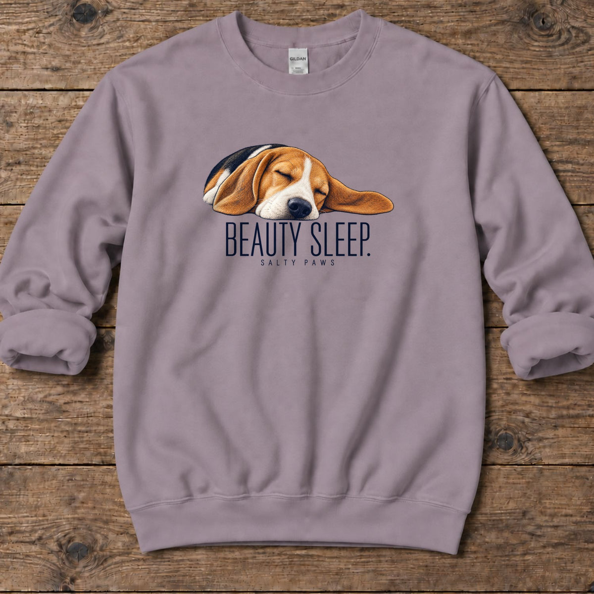 Beagle Beauty Sleep Midweight Sweatshirt in Paragon, Salty Paws Midweight Sweatshirt, front design flat lay