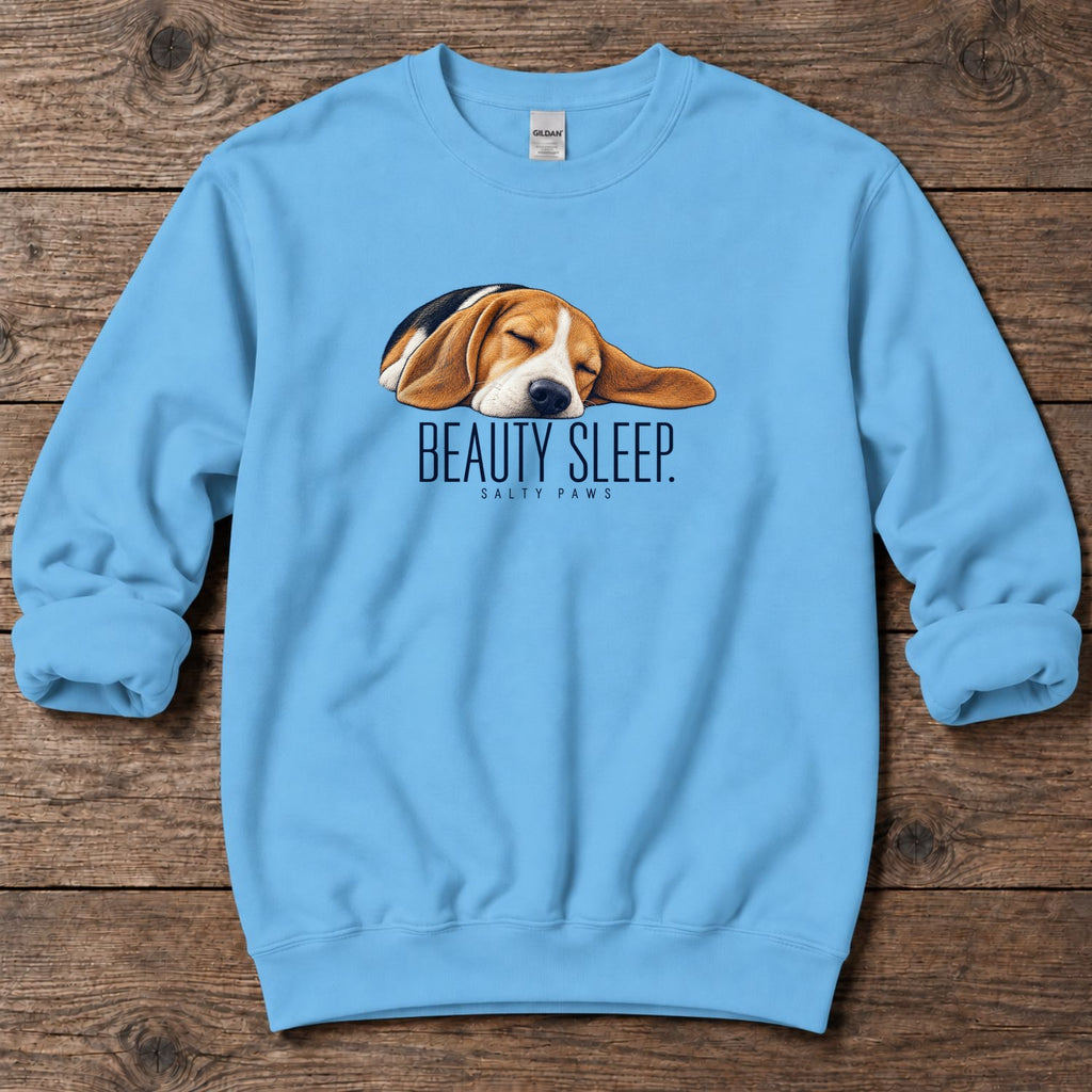 Beagle Beauty Sleep Midweight Sweatshirt in Sky, Salty Paws Midweight Sweatshirt, front design flat lay