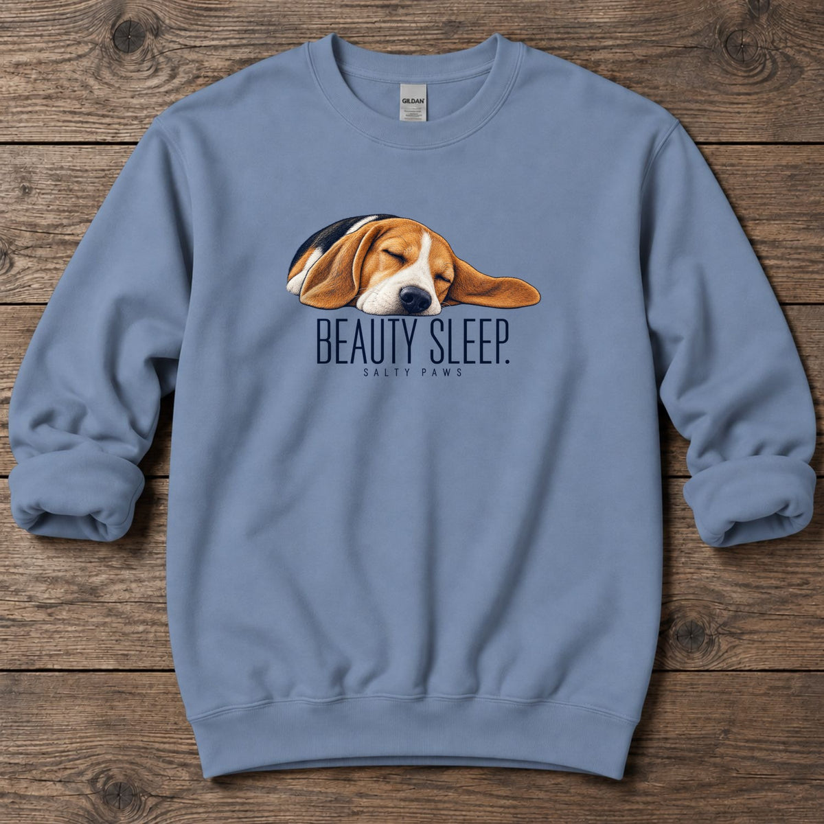 Beagle Beauty Sleep Midweight Sweatshirt in Stone Blue, Salty Paws Midweight Sweatshirt, front design flat lay