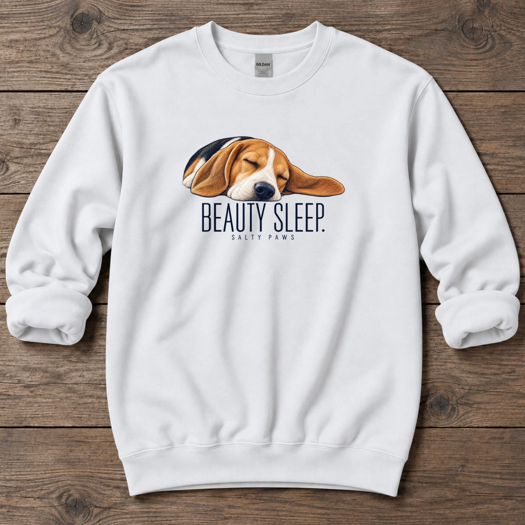 Beagle Beauty Sleep Midweight Sweatshirt in White, Salty Paws Midweight Sweatshirt, front design flat lay