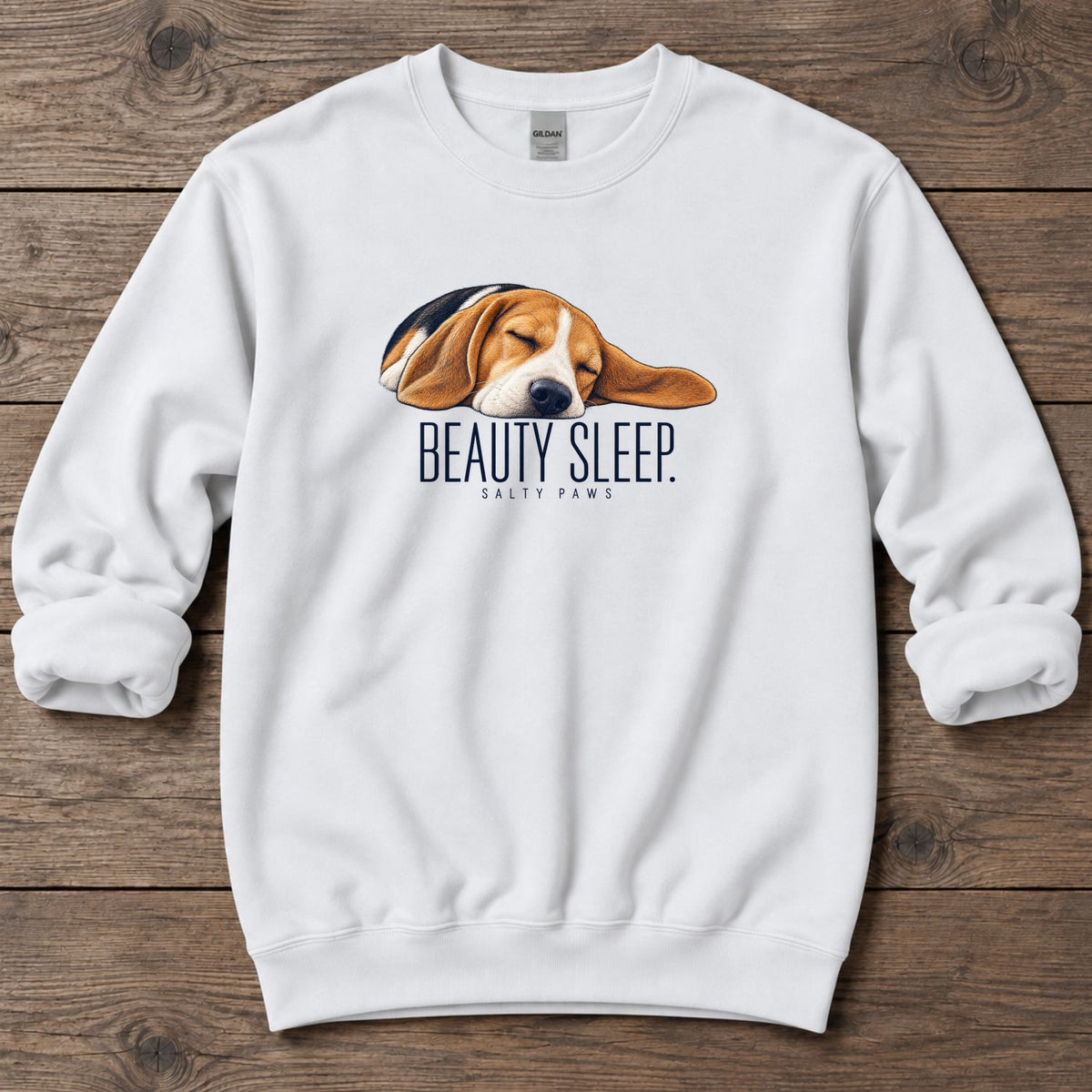 Beagle Beauty Sleep Midweight Sweatshirt in White, Salty Paws Midweight Sweatshirt, front design flat lay