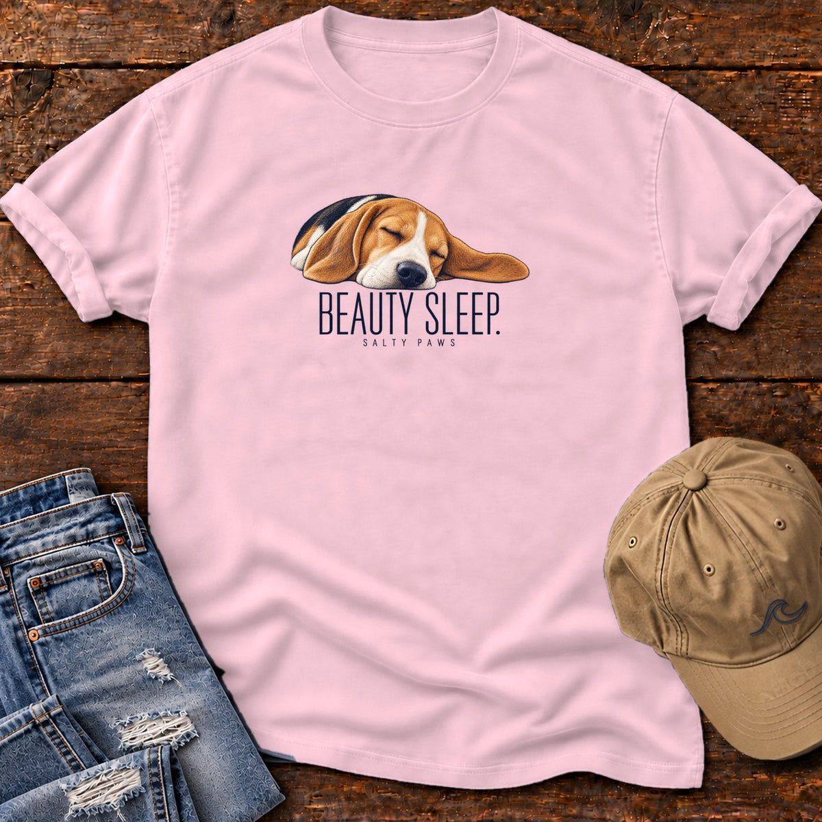 Beagle Beauty Sleep T-Shirt Comfort Colors in Blossom, Salty Paws Comfort Colors T-Shirt, front design flat lay