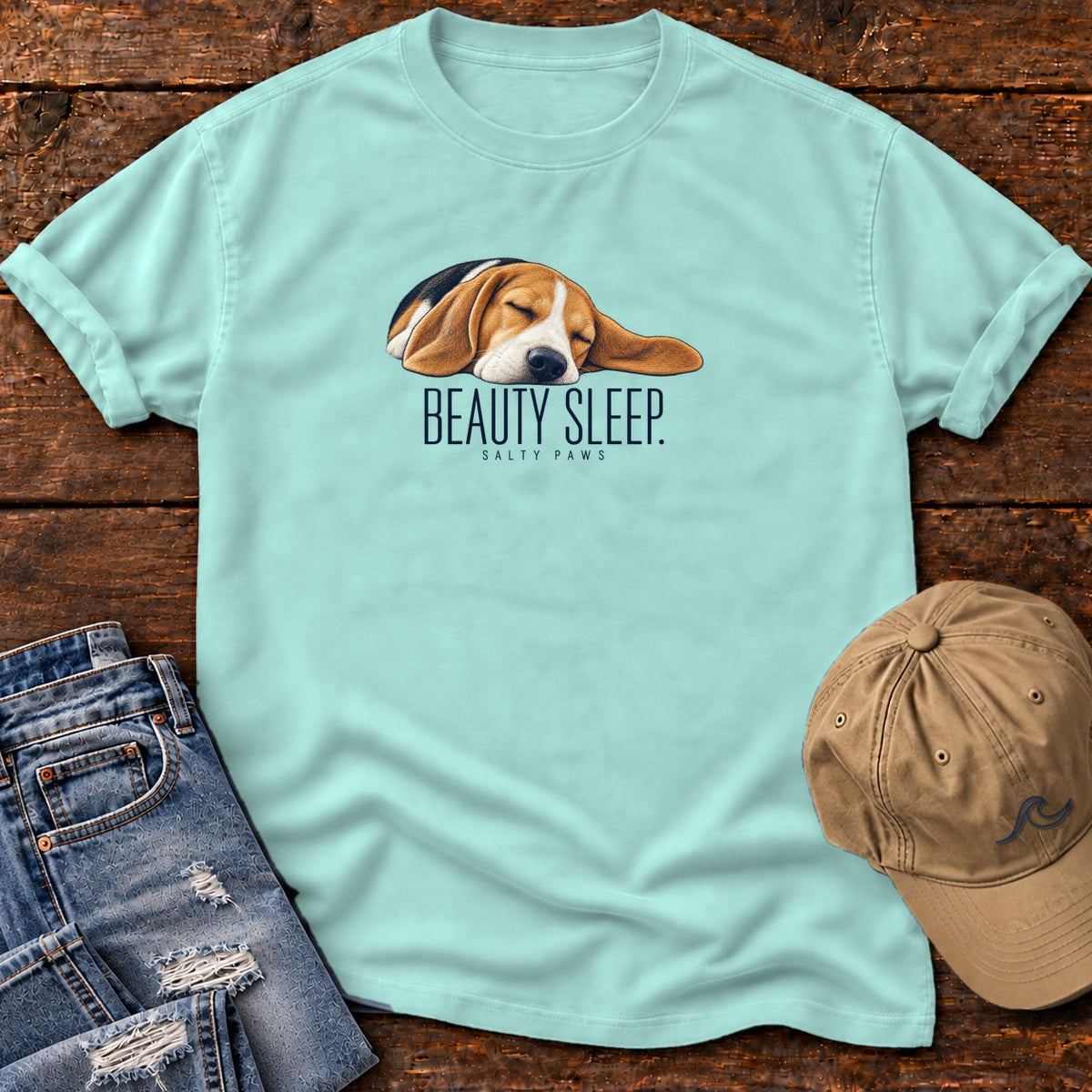 Beagle Beauty Sleep T-Shirt Comfort Colors in Chalky Mint, Salty Paws Comfort Colors T-Shirt, front design flat lay