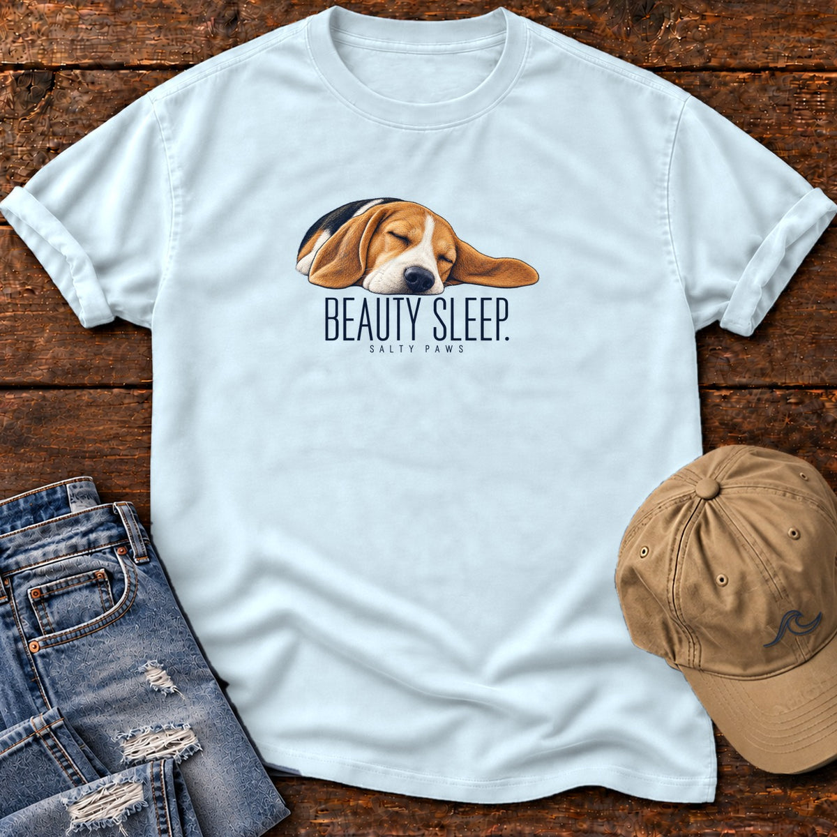 Beagle Beauty Sleep T-Shirt Comfort Colors in Chambray, Salty Paws Comfort Colors T-Shirt, front design flat lay